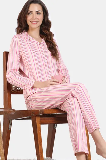 Buy Zivame Stripes Play Knit Cotton Pyjama Set - Perfectly Pale